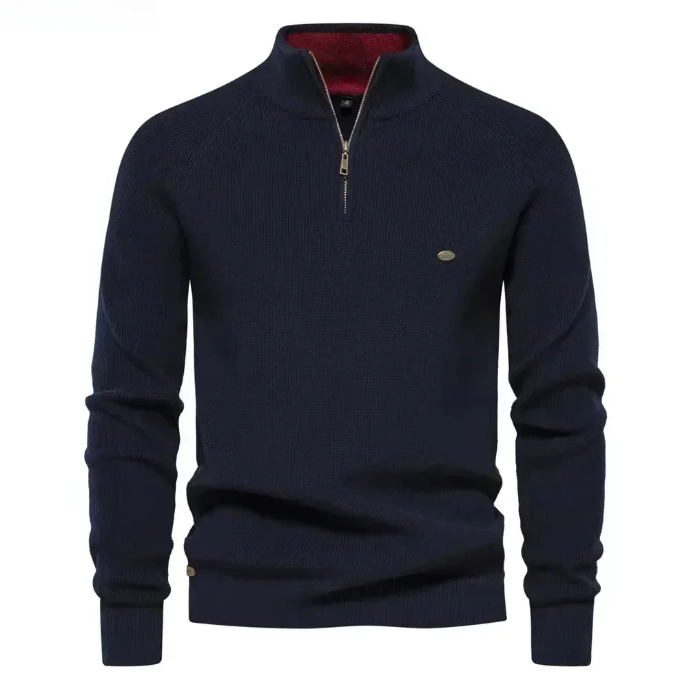 New Men's Sweater Half High Neck Zipper Solid Elastic Slim Fit Long Sleeve Pullover Casual Business Men Knitted Pullover Sweater