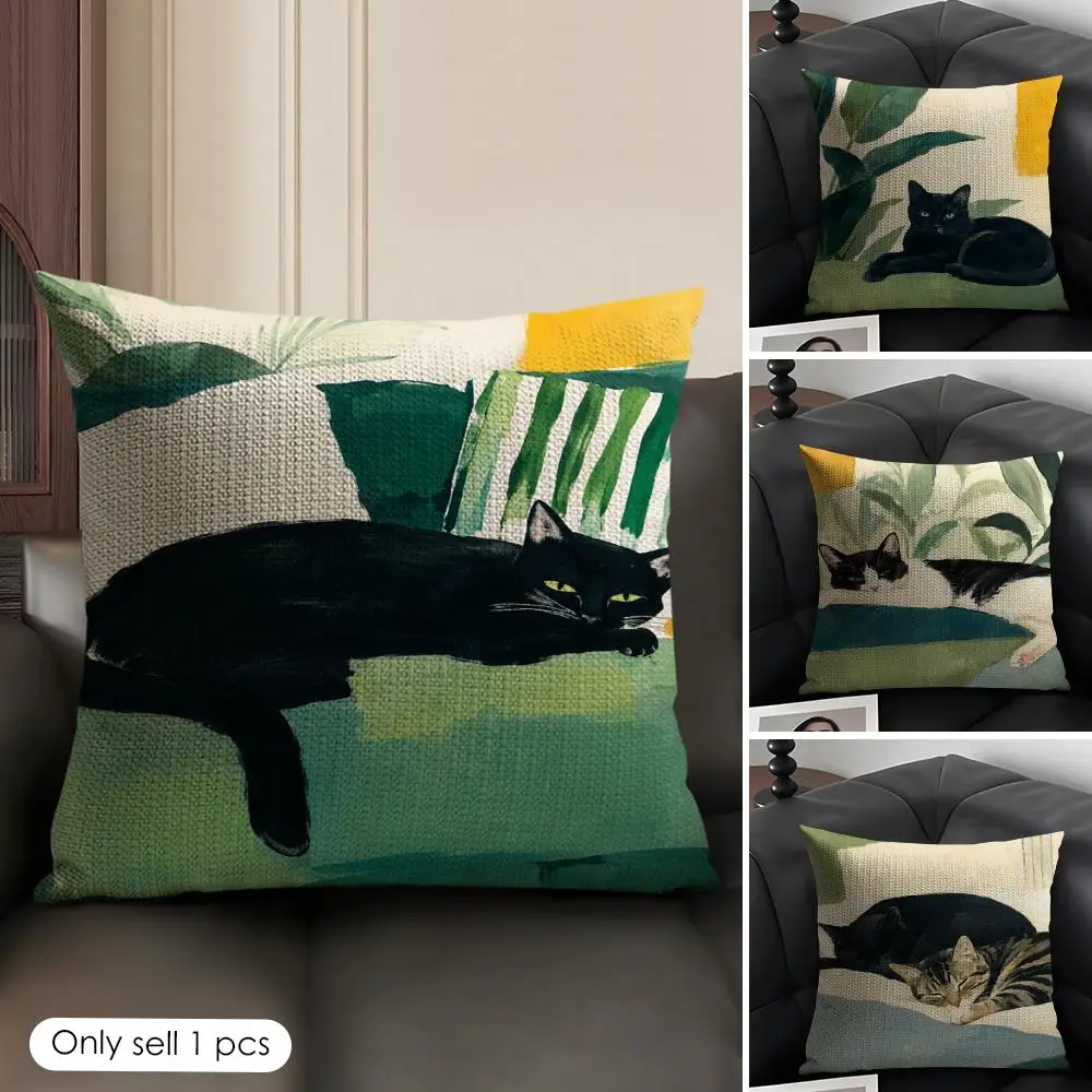 Sleeping Tuxedo Cat Cushion Cover Breathable Linen Organic Fabric Double-Sided Printing Sofa Pillow Case Home Decor