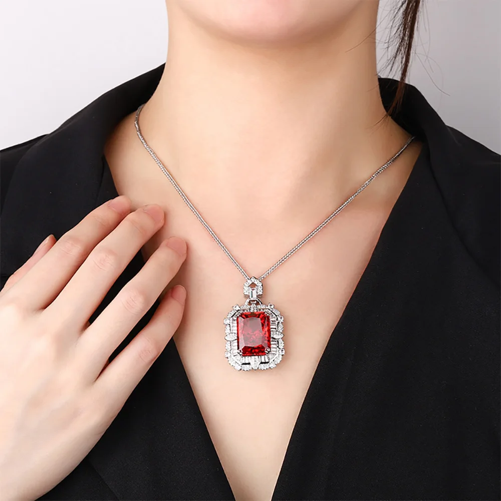 Vintage 15*20mm Ruby Sapphire Pink Quartz Big Pendant Necklace for Women Gemstone Cocktail Party Fine Jewelry Accessories Gifts