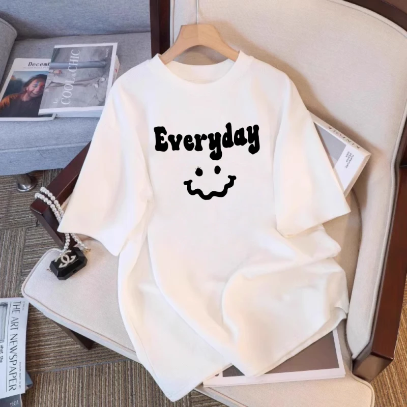 

Женская футболка, повседневный топ из чистого хлопка с принтом Blessedd и смайликов, универсальный весенний повседневный наряд для пар