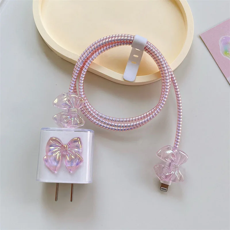 3D Pearl Diamond Love Heart Charger Cover For IPhone 11 12 13 14 18/20W Bow Transparent Charge Protection Cover Charger Sleeve