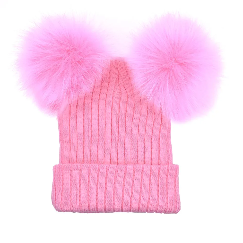 Fur Ball Cap 2 Pom Poms Winter Hat for Women Girl \'s Wool Hat Knitted Cotton Beanies Cap Brand New Thick Female Cap