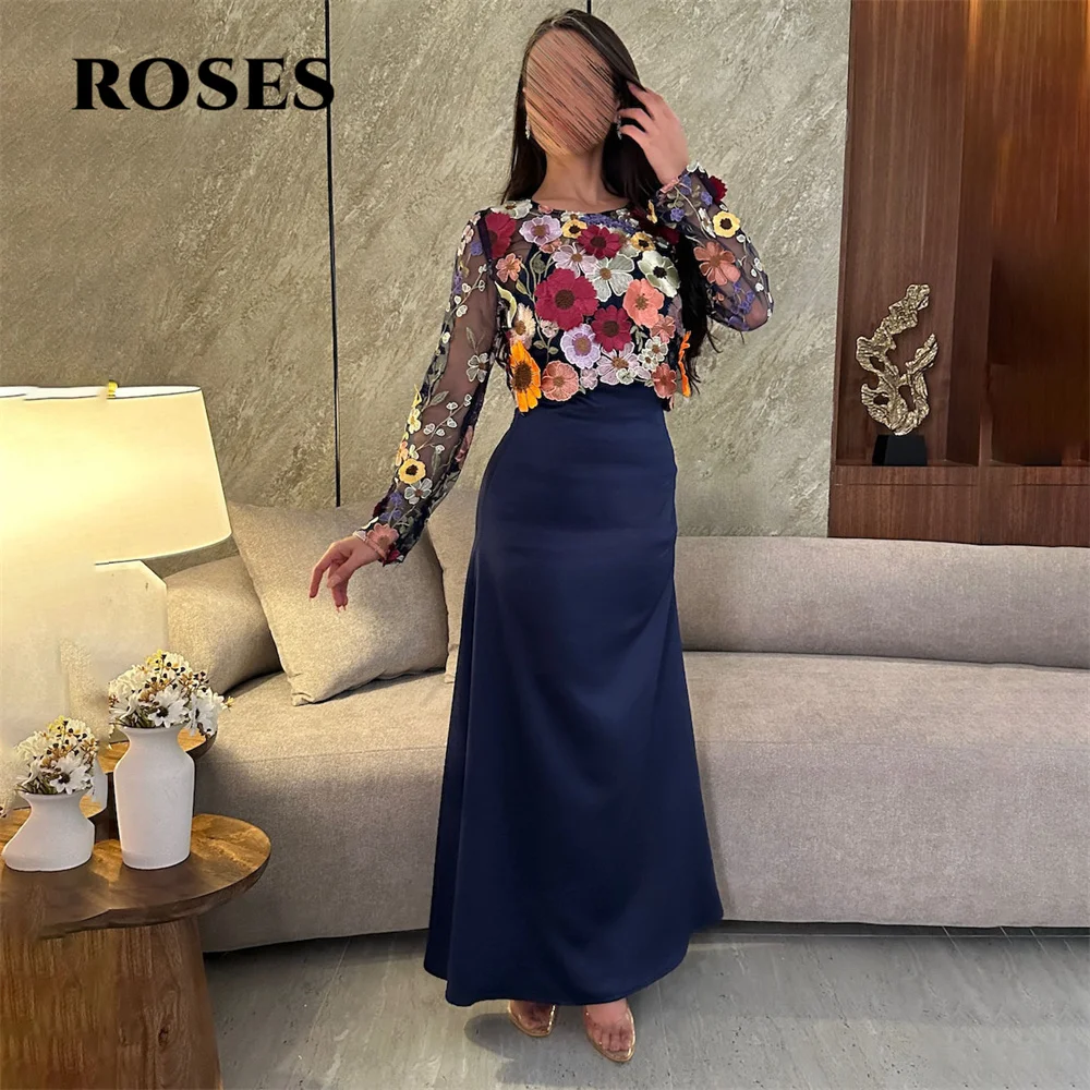 ROSES Schwarzes Saudi-Arabien-Abschlussballkleid, Partykleid mit Applikationen, vollen Ärmeln, Satin, A-Linie, Abendkleider für Damen, individuell