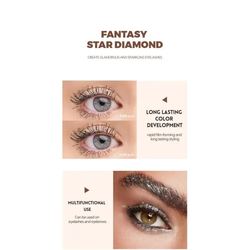 Wodoodporny brokatowy tusz do rzęs, zwiększający objętość, podkręcający, odporny na rozmazywanie, szybkoschnący, długotrwały, wzmacniający rzęsy, błyszczący, upiększający brwi.