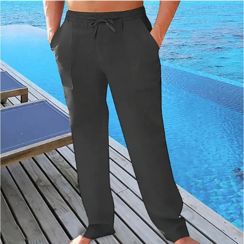 

Men's Casual Summer Breathable Pants Waist Drawstring Pockets Linen Trousers Beach Pants