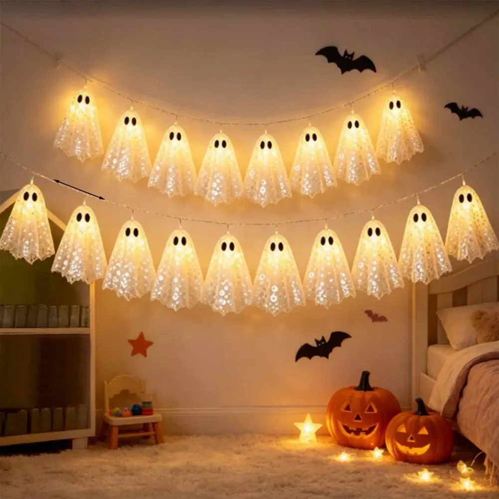 Cute Ghost String Lights for Halloween Warm White Spooky Hanging Decor Halloween Decoration String Lights with Sequin for Patio