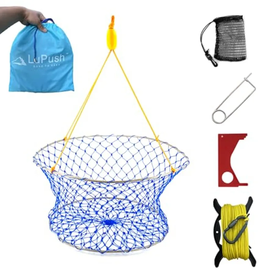

Staless Collapsible Crab Net with 100Feet Rope, Bait Bag, Clip and Ruler 6 Pieces Portable Crab Trap for Easy Storage Durable G