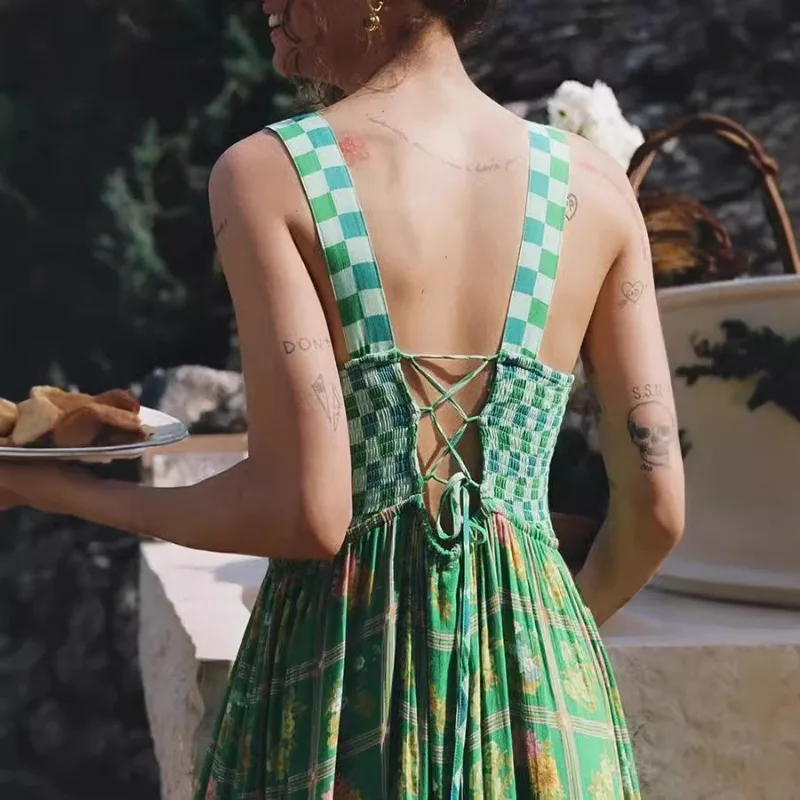 Women Floral Print Bohemian Vacation Dress Sexy Strap Backless Elastic Waist Corset Ruffle Boho Holiday Long Dress Streetwear