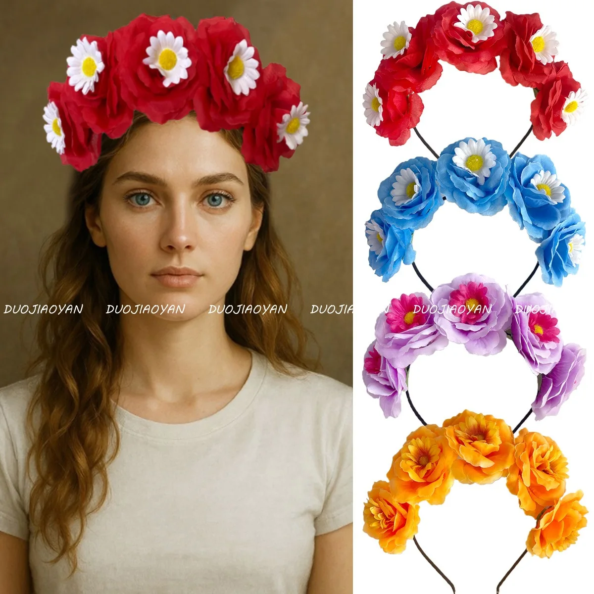 

Fashion Retro Rose Daisy Headband High Skull Top Simulation Flower Accessory Party Performance Flower Headband Wedding Headwear