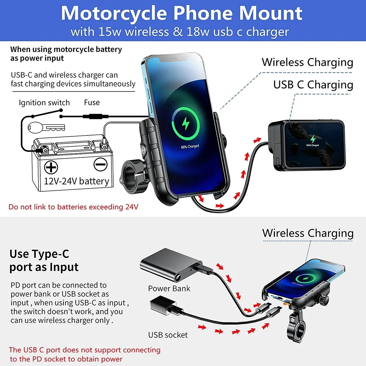 Support de téléphone portable pour moto, berceau de charge sans fil, support de guidon pour téléphone 4-7 pouces, chargeur rapide 3.0, support GPS