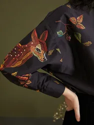 LYNETTE'S CHINOISERIE Spring Autumn Original Design Women Deer Leaves Print Color Contrast Loose Black Cotton Shirts/Blouses