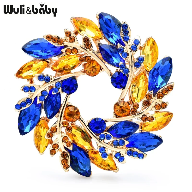 Wuli&baby Classical Olive Branch Circle Brooches For Women Crystal Round Flowers Party Office Brooch Pins Gifts