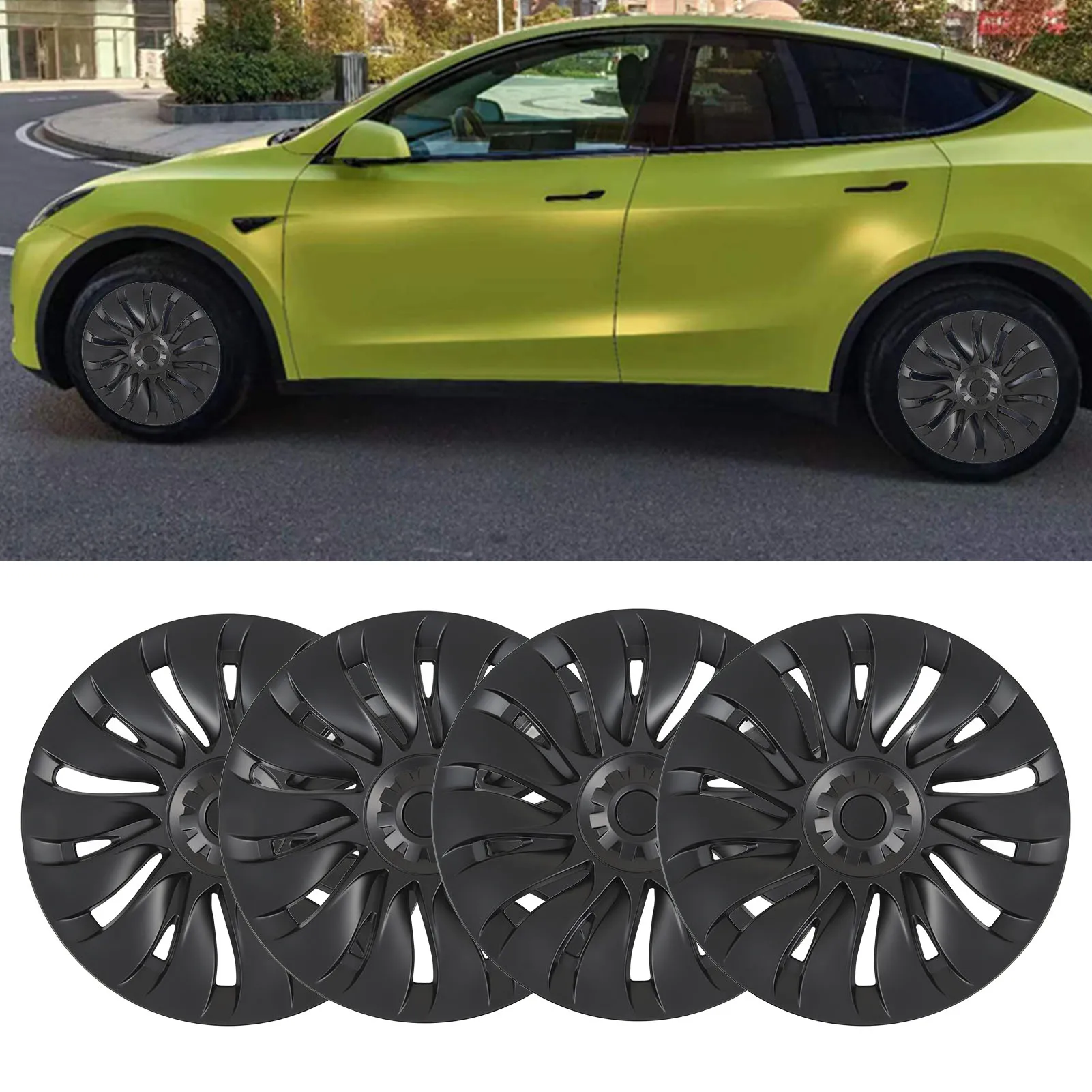 4 Pcs 19 Inch Wheel Hub Cap Matte Black Automobile Wheel Hub Fully Wrap Rim Protector Replacement for Tesla Model Y 2020 to 2023