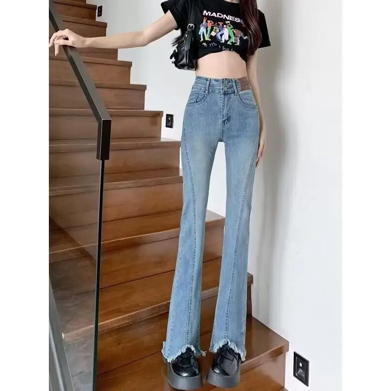 

Легкие широкие джинсы с асимметричным подолом, женские осенние новые джинсы больших размеров для похудения, груша-колокольчик, повседневная смесь хлопка