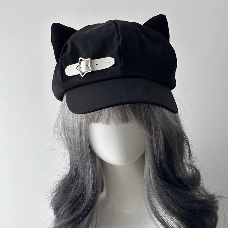 óm Lustige Wong Katzenohren Harajuku Gothic Lolita Baskenmütze Y2K Mädchen Steampunk Punk Reißverschluss Handgefertigte Sonnenhutkappe – Detail 12
