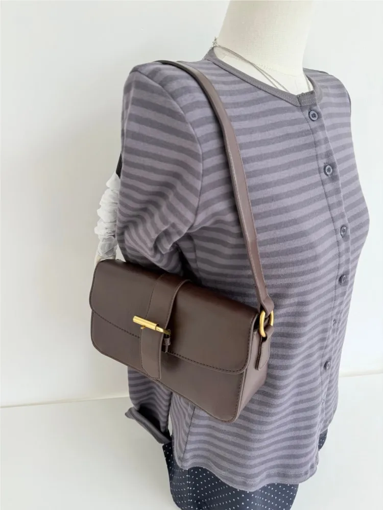 

American Brown Pu Shoulder Bag Four Season Streetwear High-Quality Buckle Decorate Ladies Handbag Vintage Preppy Style Bags Y2K