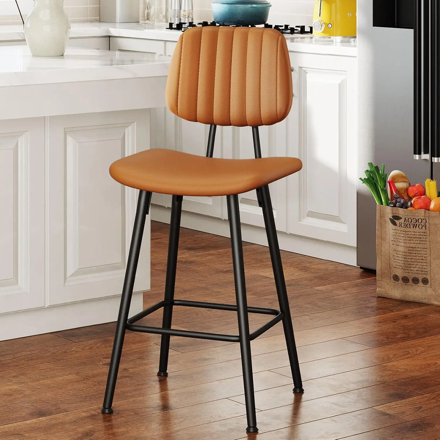High Backrest Faux Leather Upholstered Counter Stools with Armless Footrest Modern Bar Chairs Tall Pub Stools for Kitchen Dining
