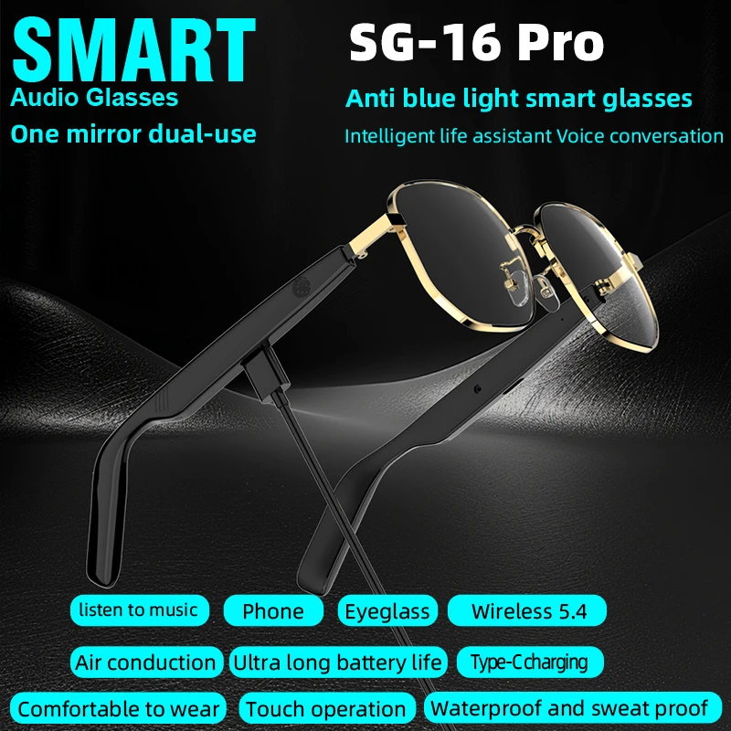 Intelligent Fast Charging for Blue Tooth Men's Glasses Anti-Blue Light Waterproof Features Voice Assistant Touch Control Smart