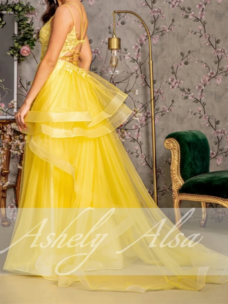 New Arrival Yellow Prom Dresses Sweetheart Lace Applique Flower A Line Tulle Women Formal Evening Dress Wedding Party Gown Robes