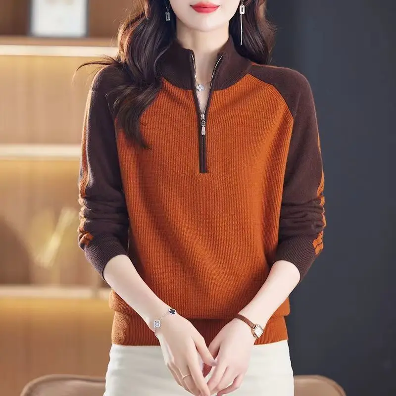 2025 Autumn and Winter New Top Loose Knit Sweater Wears Versatile Loose Sweater Color-blocking Base Knit Sweater JJ183