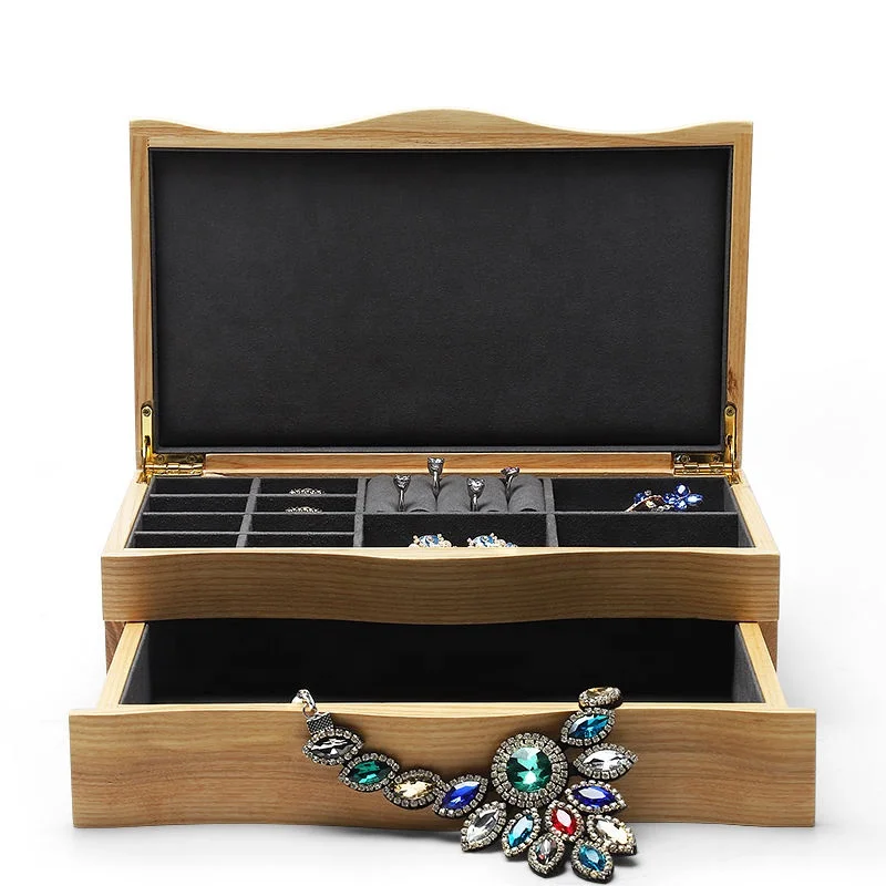 High End Double Layer Drawer Pendant Necklace Ring Jewelry Box Wooden Jewelry Storage Box Wood Solid