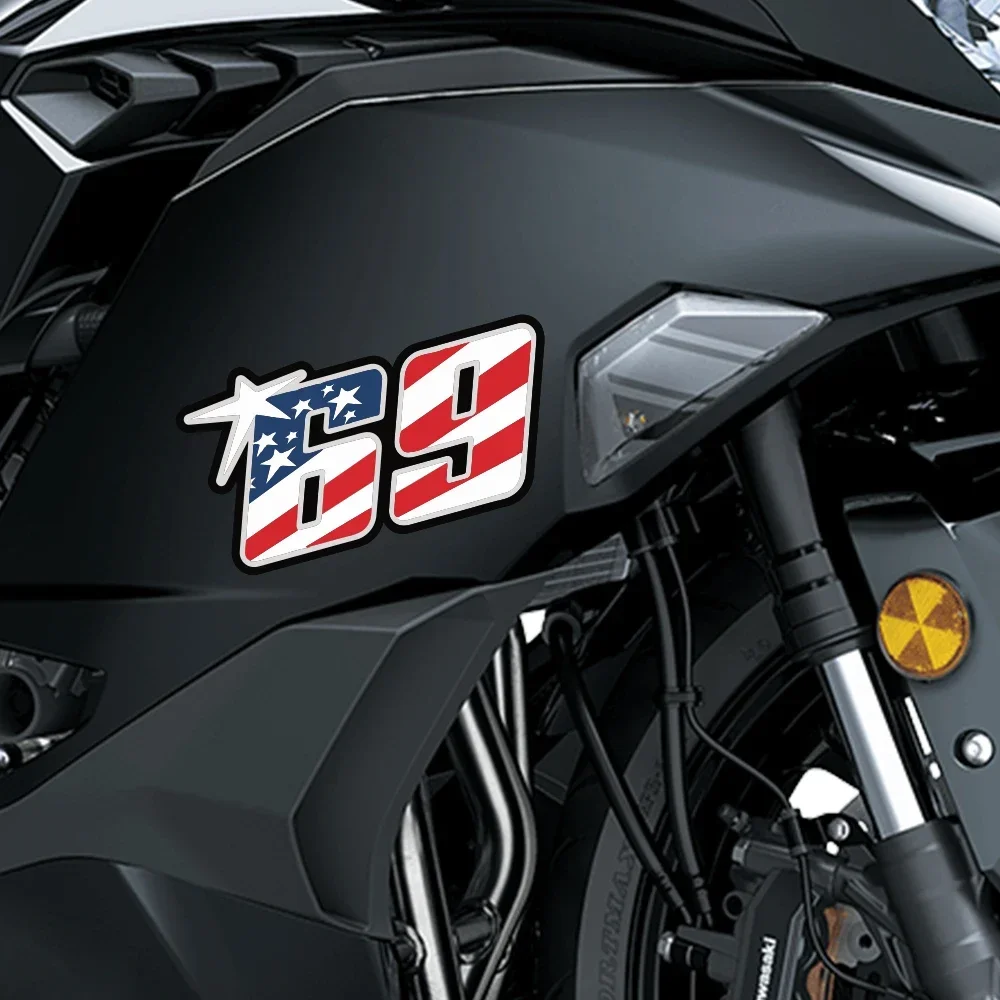 Number 69 USA Flag Vinyl Motorcycle Sticker Waterproof Racing Decal For Helmet Front Fairing Fuel Tank Car Window Scooter Decor