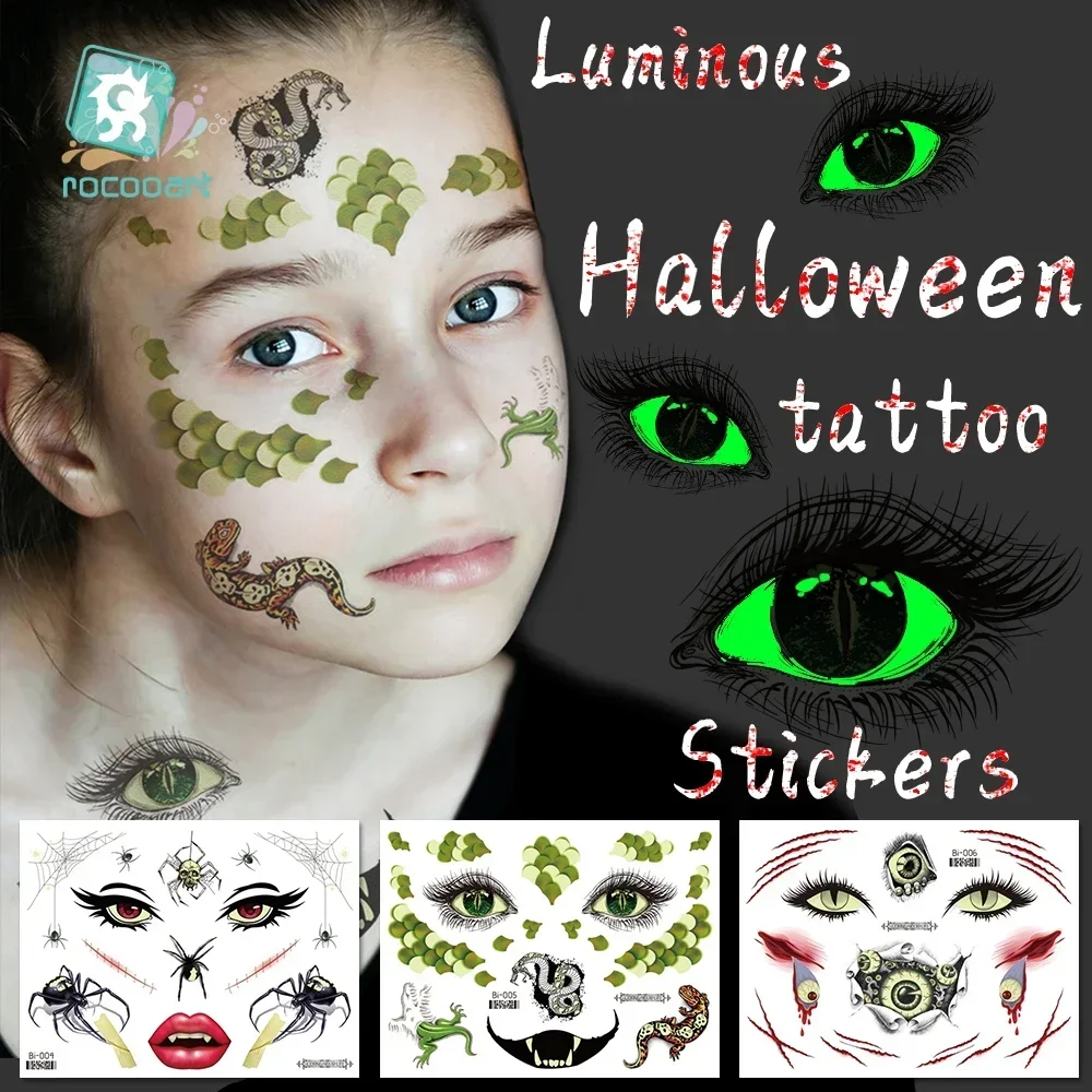  Halloween Tattoo Face Temporary Tattoo Stickers For Kids Luminous Vampire Fake Tattoos Mouth Eyes Makeup Party Stickers