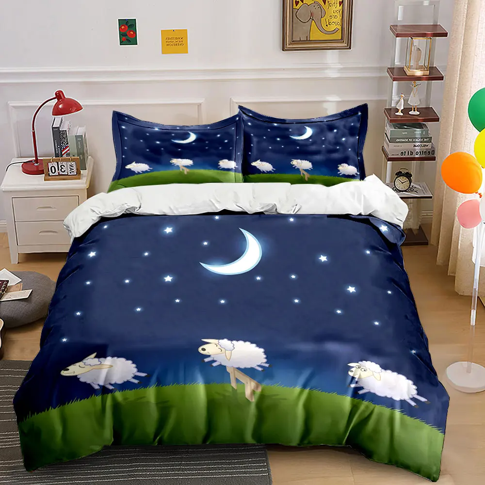 Counting Sheep Under Moonlit Sky Pattern Duvet Cover Set Digital Print Colorful Polyester Bedding with Zipper Closur for gifts