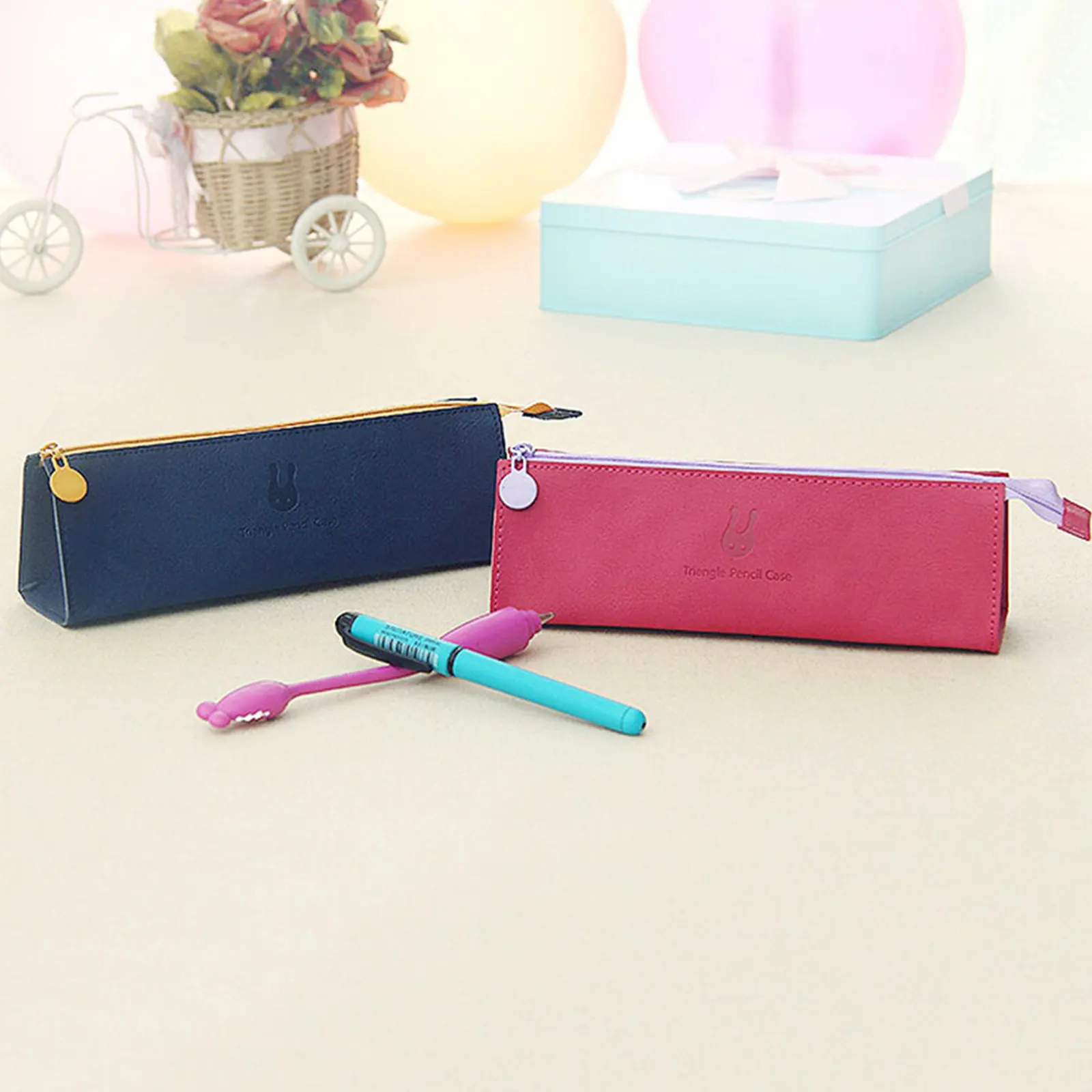 Navy Pencil Bag Texture Scratch Resistant Stationery Pouch Pen Case Coin Holder for School Office