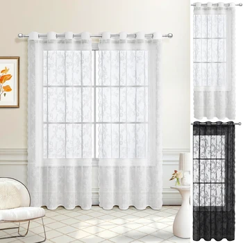 1/2 패널 꽃무늬 반투명 빛 여과 막대, 포켓 보일 드레이프 창 커튼, 침실 거실용 얇은 커튼 