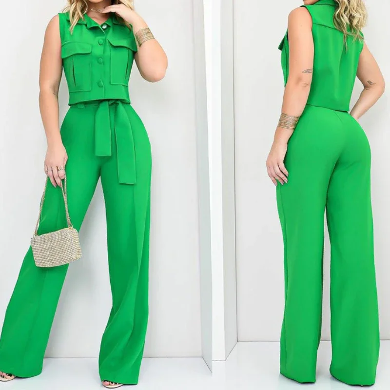 2025 Y2k Crop Tank Top & Wide Leg Pants Set Vest Green Matching Sets Summer Vintage Boho High Waist Loose Work Suit Streetwear