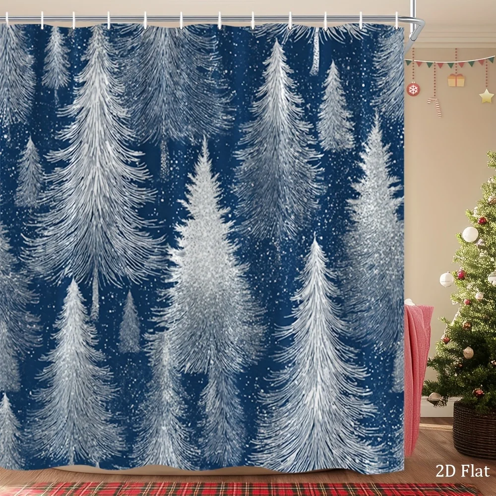 1pc Winter Cedar Forest Shower Curtain - Large 70.8X70.8 Inch Gray-Blue-White Snowflake Bathroom Decor with 12 Hooks, Machine