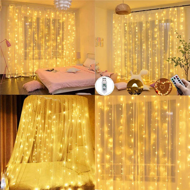 أضواء الستار الجنية أضواء عيد الميلاد مع جهاز التحكم عن بعد 8 طرق LED سلسلة أضواء لغرفة النوم ديكور داخلي حفلات الزفاف حديقة