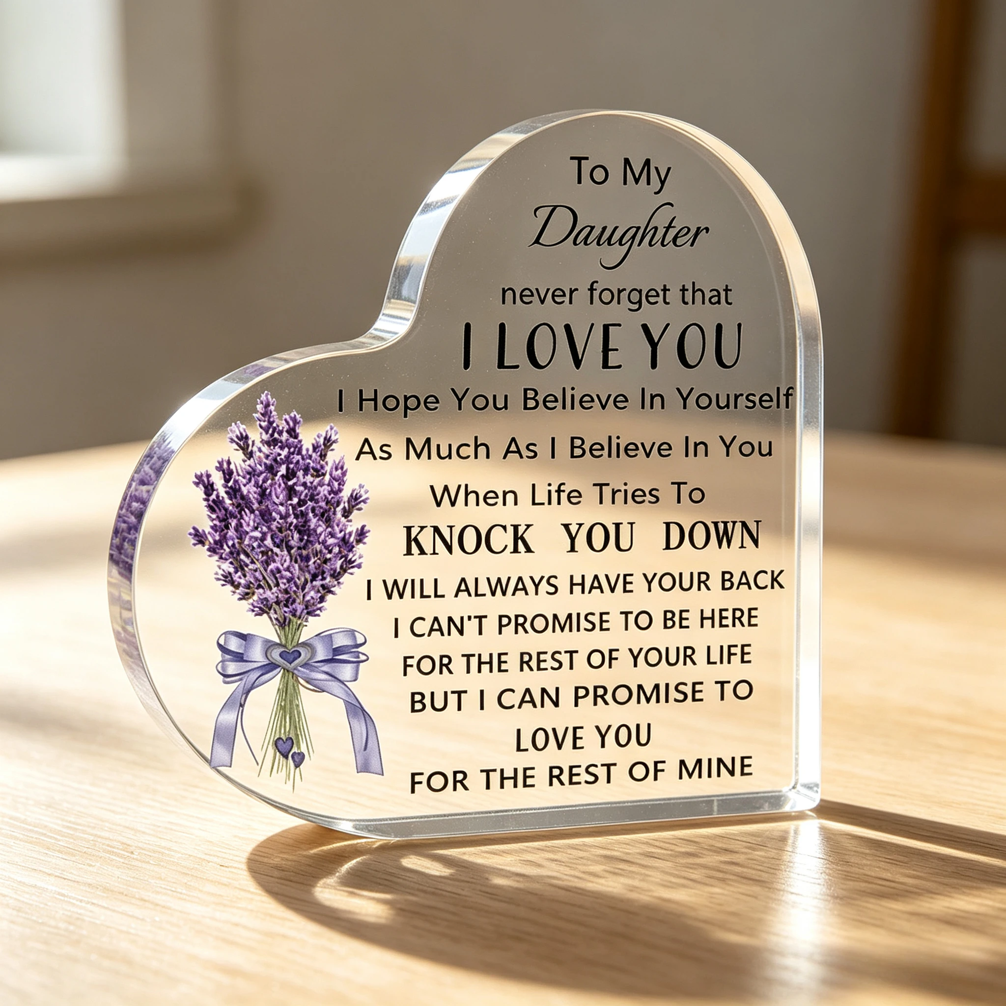 Never Forget I Love You Quote Heart Acrylic Sign, Purple Flower Desktop Decor for Daughter