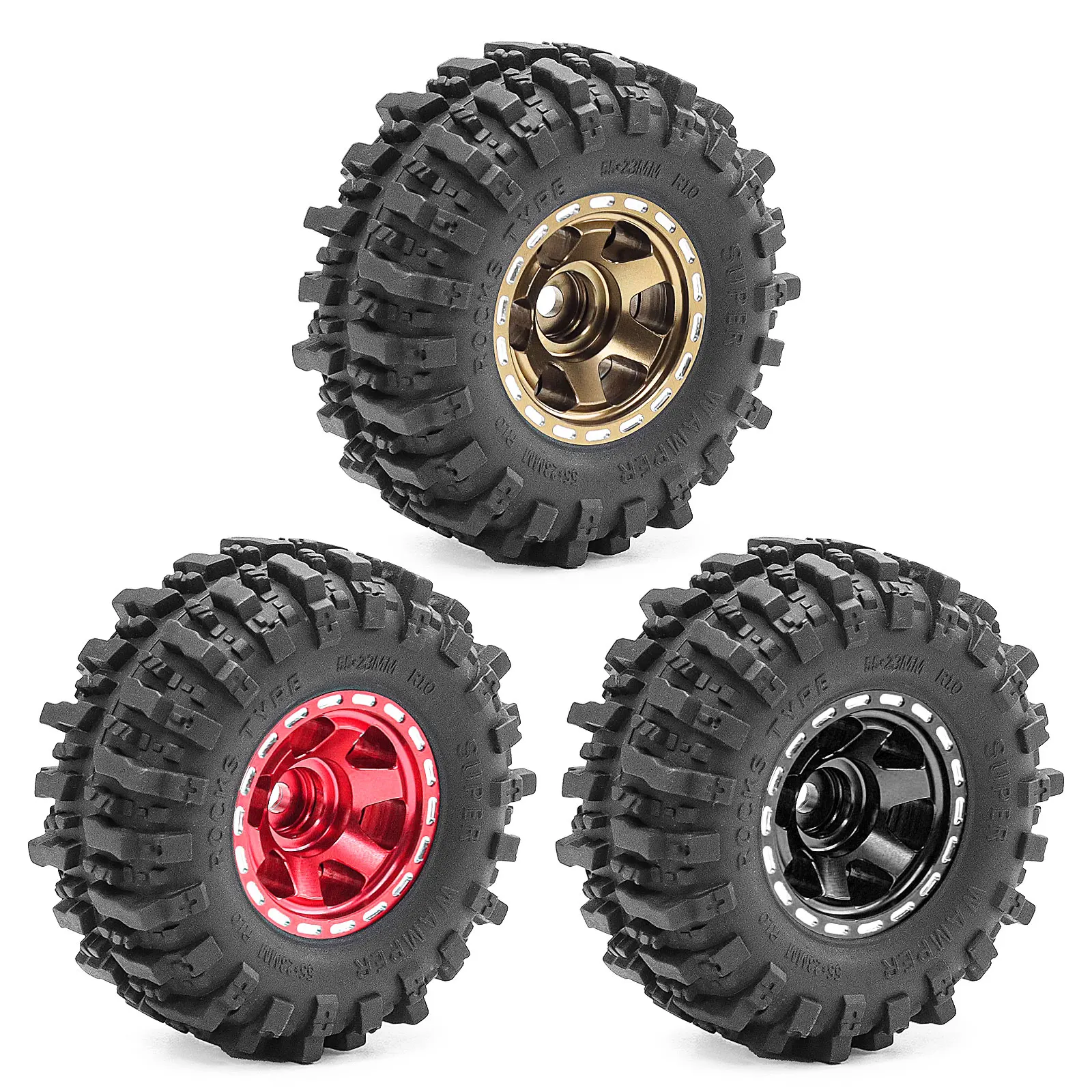 10インチ-ビードロックホイールリム＆タイヤセット、1-24-scx24-trx4m-fcx24-マイクロrcクローラー用ソフトラバークローラータイヤ