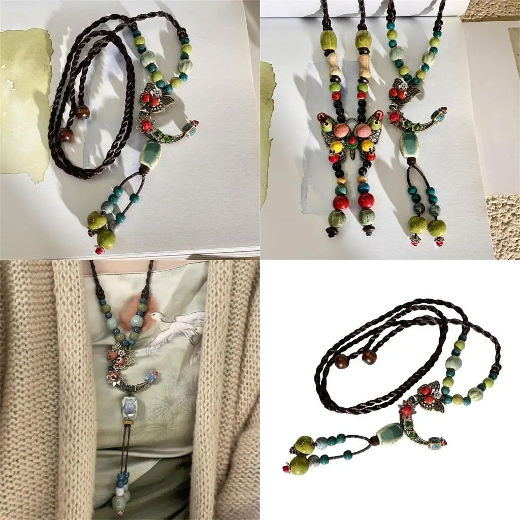 

39bb изысканные колье с длинными кисточками для свитеров Butterfly Moon Ceramic Beads Красочные кисточки Луна для клуба