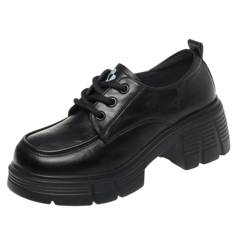 Thick-Soled Loafers For Women In Spring And Autumn New Lace-Up Thick Heel Deep Mouth Women's Singles College Style Leather Shoes