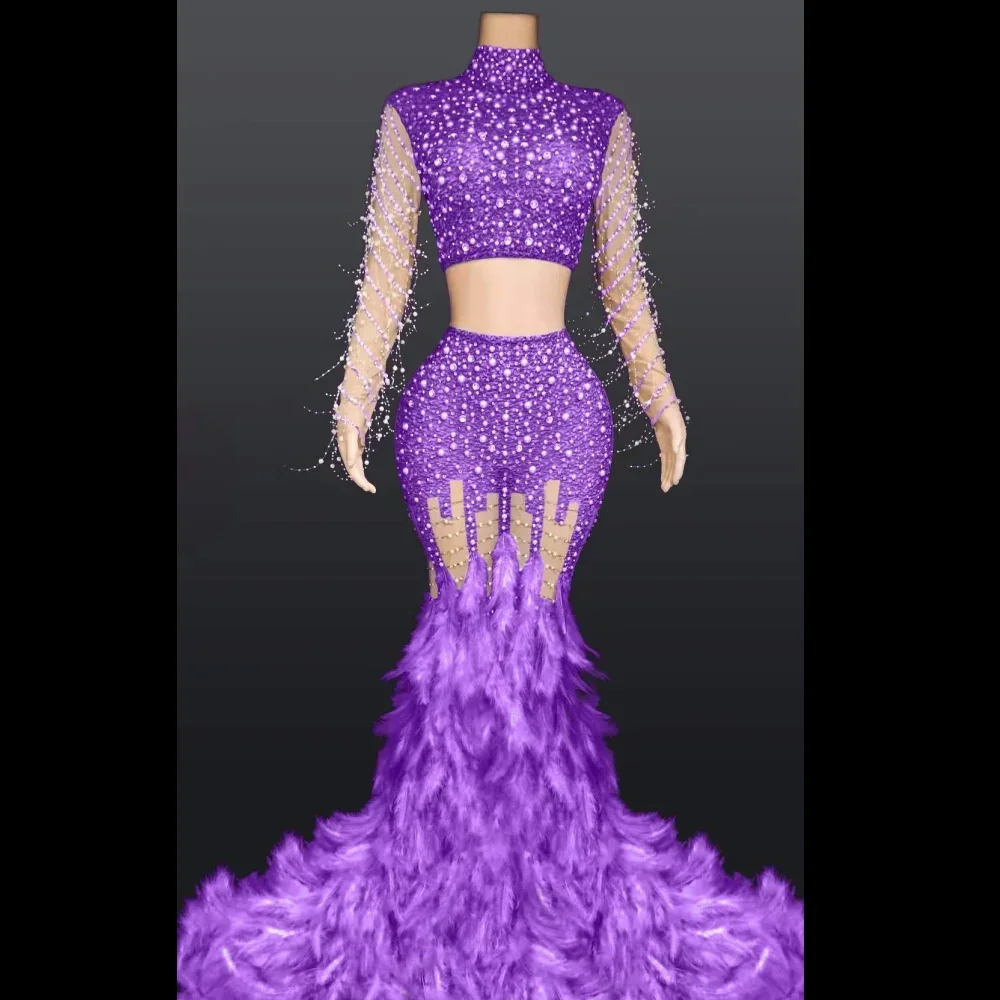 Wielobarwny, błyszczący zestaw z perłami, 2-częściowy, top z długimi piórami, sukienka dla kobiet, na wieczór, studniówkę, wesele, imprezę, kostiumy sceniczne, drag queen.