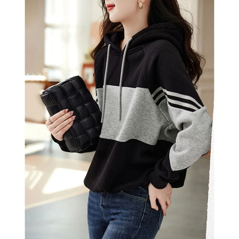 Spring and Autumn 2024 New Women\'s Hooded Stitching Sweater Women\'s Fashion Trendy Hoodie Loose Casual Pullover