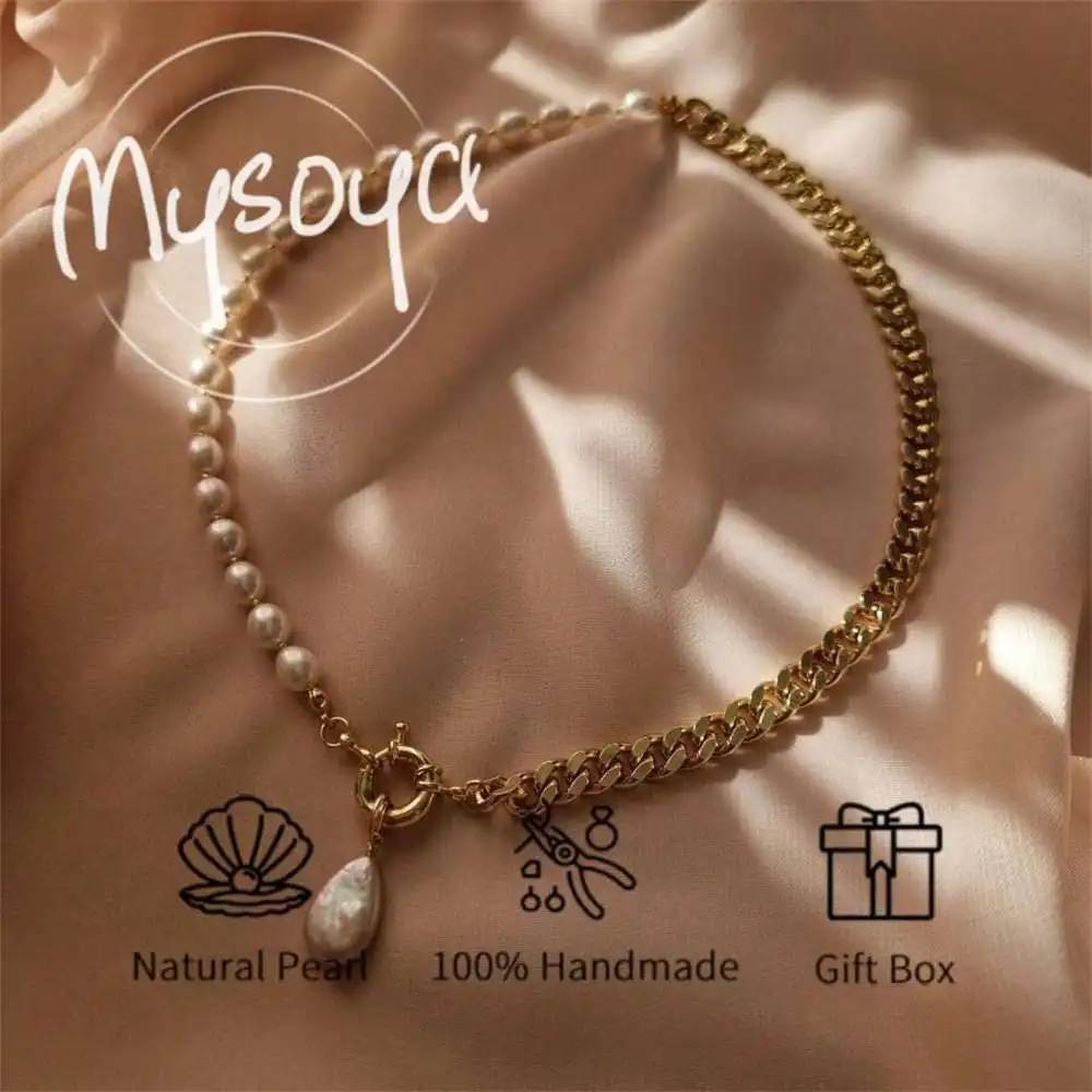 

MYSOYA White Rice-shaped Pearl Necklace 7-8mm Pearls With Baroque Pendant Gift Box Gift for Her Wedding Christmas New Year Gift