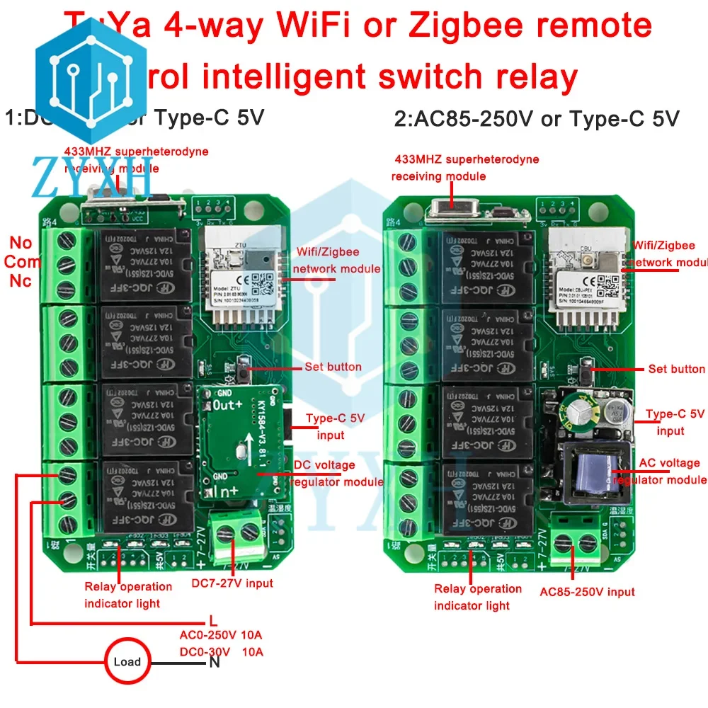 Tuya 4CH WiFi/Zigbee Remote Control Smart Switch DC 7-27V AC 85-250V DIY Relay Module for Garage Door Smart Light Control