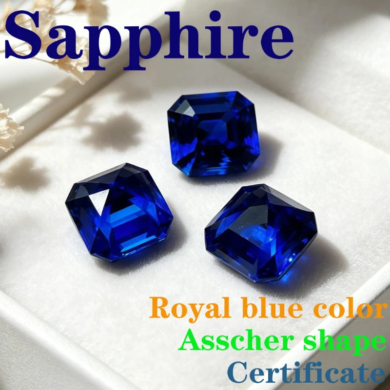 Laboratory Production Sapphire Asscher Shape Royal Blue Color Certificate
