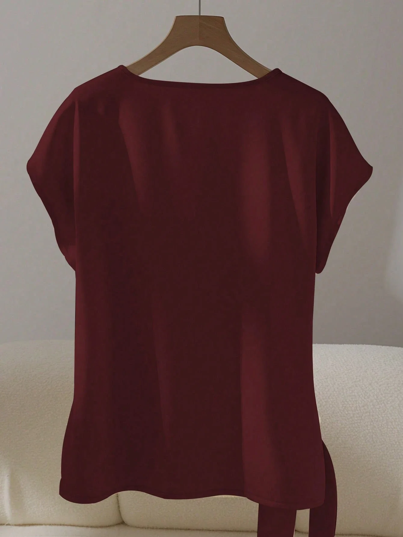 

Elegant Short Sleeve Round Neck Tie Bow Blouse Burgundy Spring Summer Women