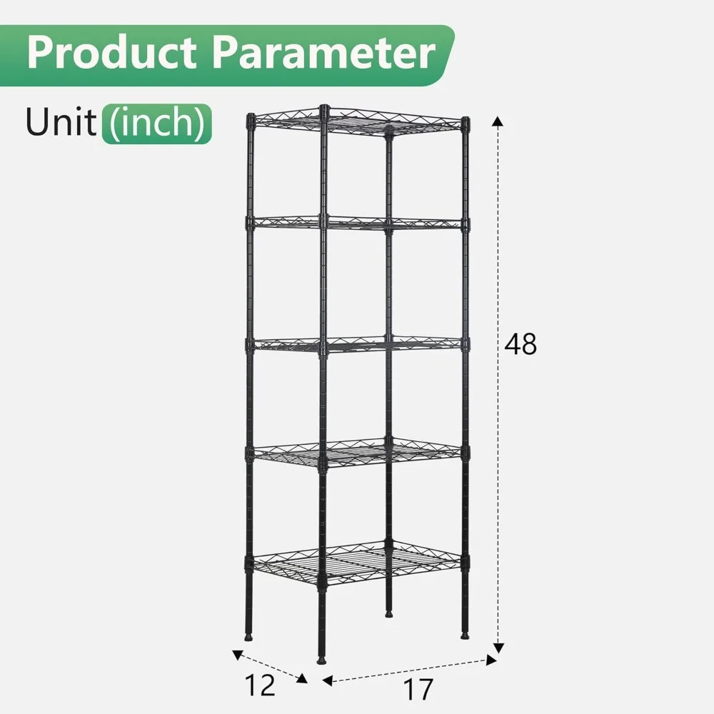 17L x 12W x 48H Wire Shelving 5 Tier Adjustable Metal Shelves NSF Pantry Shelves Storage Rack Shelving Units for Kitchen Garage