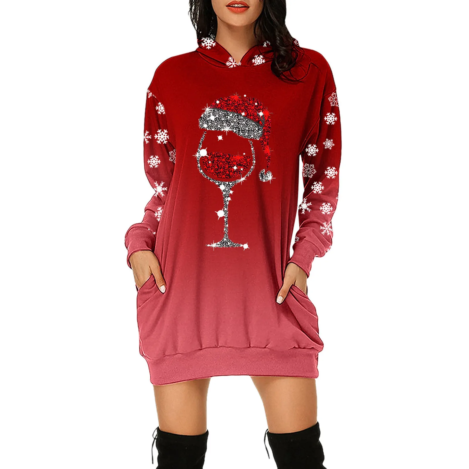 Women Bag Hip Plus Size Long Sleeves Hoodies Sweatshirts Dress With Pockets Vestidos Merry Christmas Elk Prints Hoodies Dress