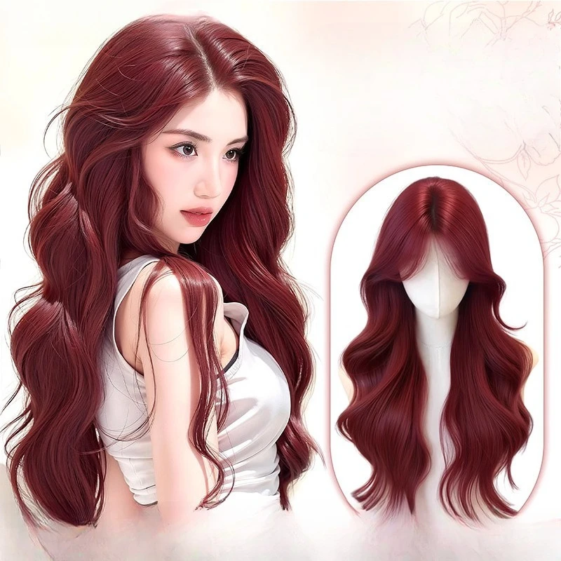 

Wig full head cover female simulation summer hottie sea king raspberry red big wave long curly hair Lolita fluffy wig cover