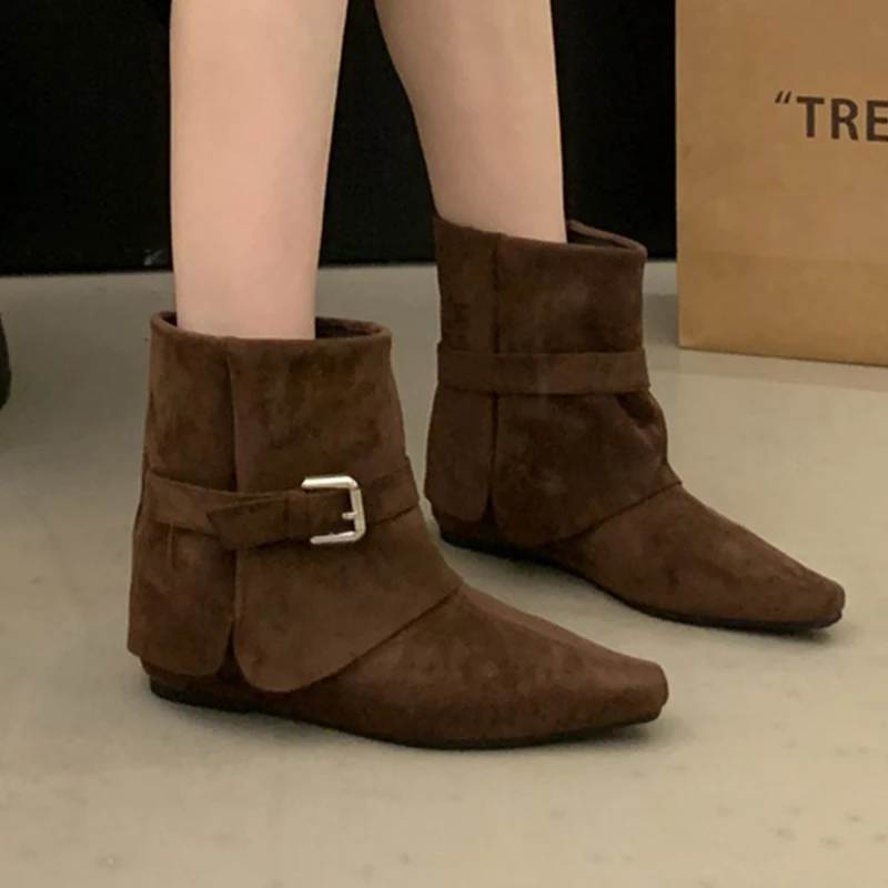 

Flats Women's Boots Pointed Toe Designer Suede Shoes Fashion Luxury Woman Winter Ankle Boots 2025 Dress New Female Short Botas