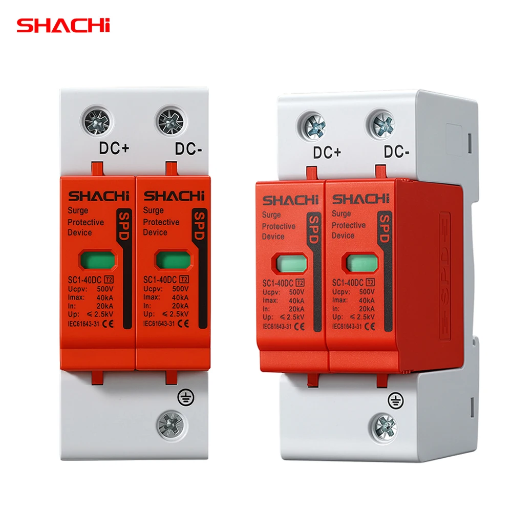 Protetor contra Surto DC SHACHI SPD 2P 10KA 20KA 40KA 500V 600V 1000V Equipamento de Proteção contra Raios para Sistemas Solares Fotovoltaicos Residenciais