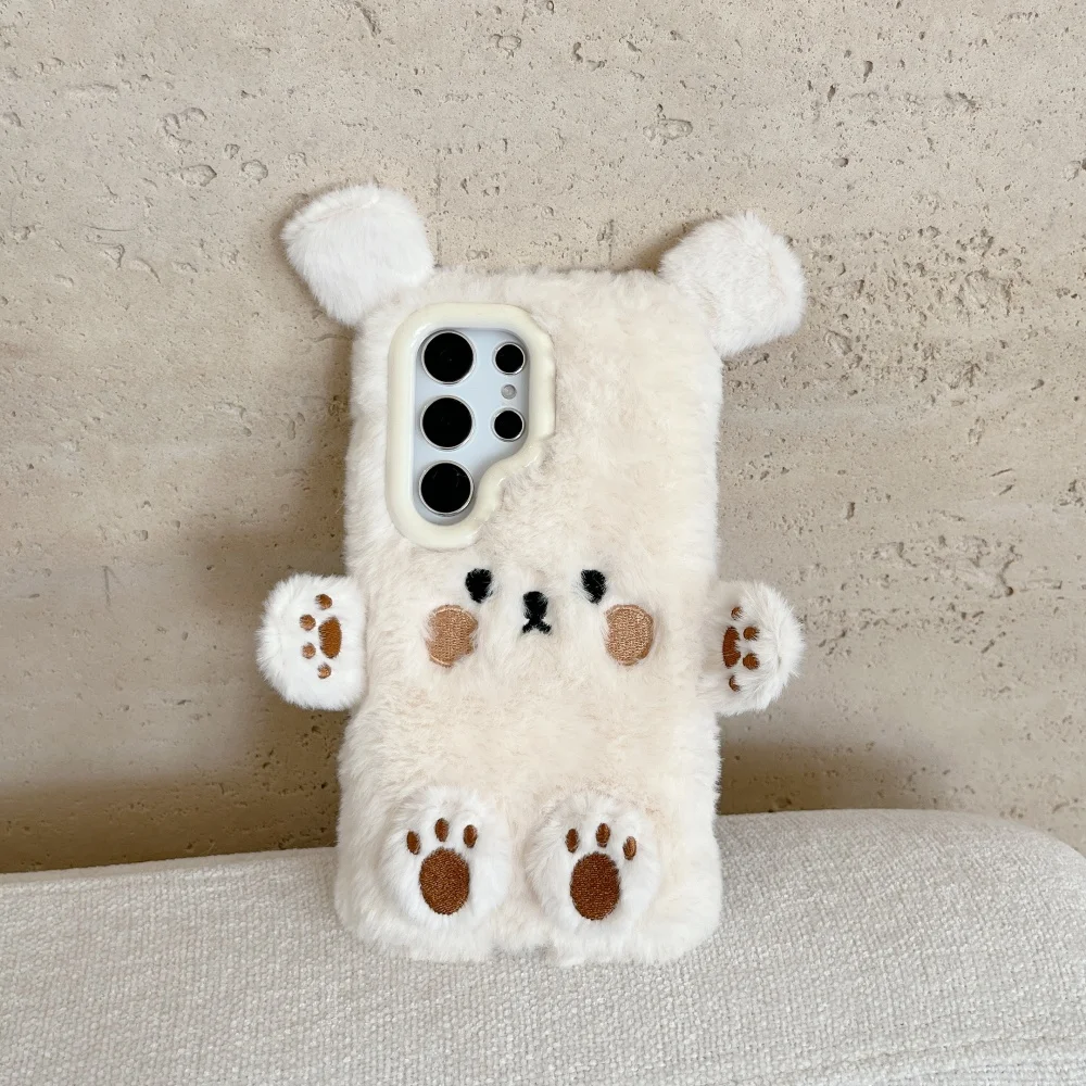 حافظة هاتف محمول لهاتف سامسونج جالاكسي S24 الترا حافظة 5G S23 S25 Plus قطيفة لطيفة قطيفة الدب الأصفر الفتيات هدية غطاء من الفرو المنفوش