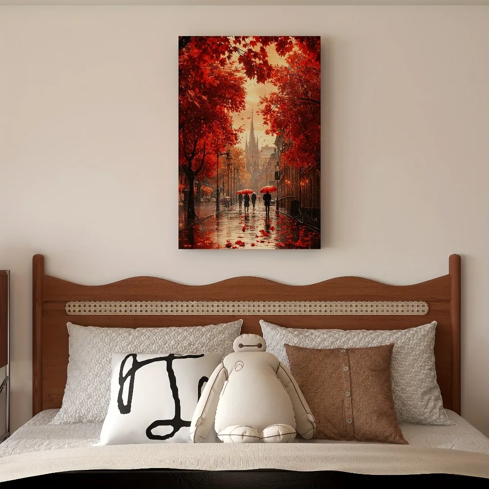 

Vibrant autumn cityscape canvas art - red maple and umbrella scenes, warm cinematic style, suitable for interior wall decoration